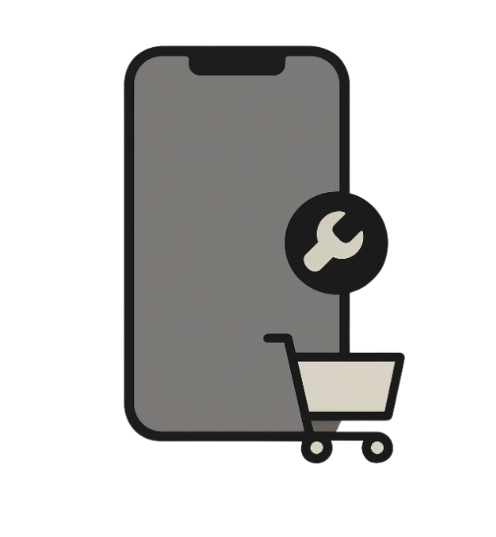 Smartphone mit Einkaufswagen- und Werkzeug-Icon, symbolisiert Online-Shopping oder Reparatur-Service.