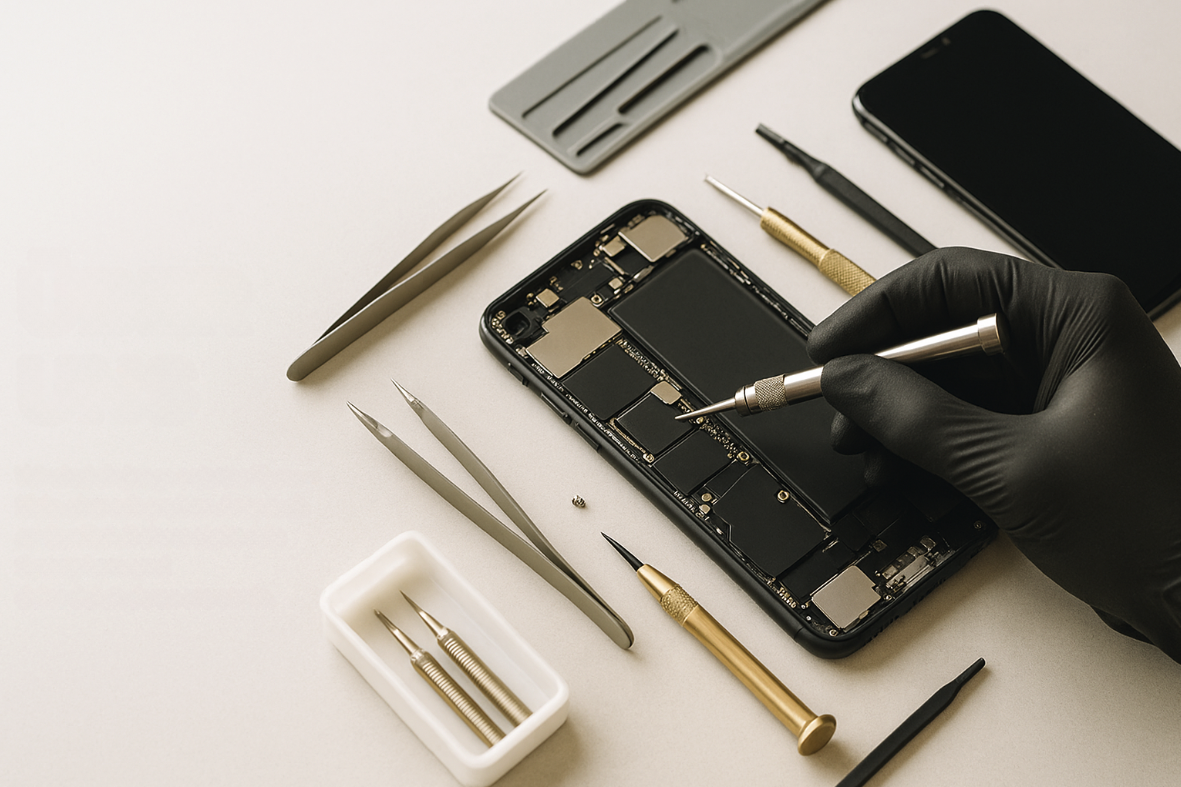 Techniker repariert Smartphone mit Präzisionswerkzeugen, um das Gerät zu öffnen, auf einem Arbeitsbereich mit verschiedenen Werkzeugen und einem Smartphone.