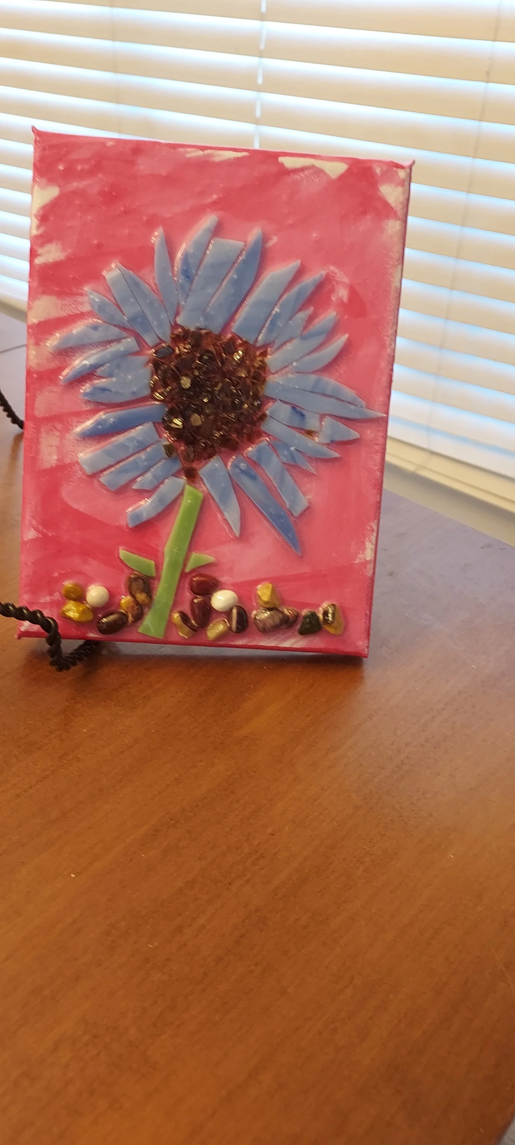 Handcrafted Blue Flower Textured Art with Cut Glass and Stones