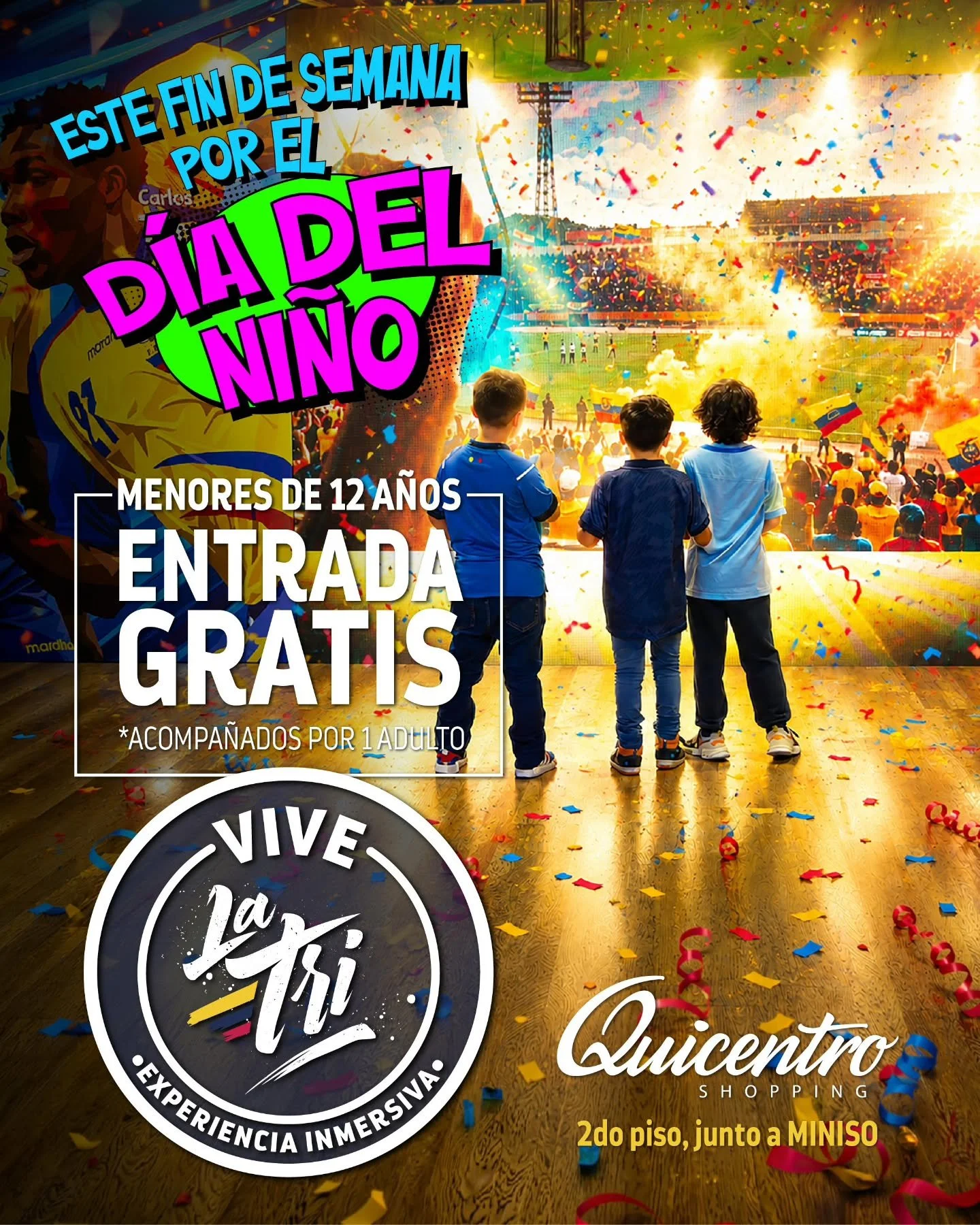 🎉⚽ &iexcl;El D&iacute;a del Ni&ntilde;o se VIVE todo el fin de semana! 🇪🇨🔥
👧🧒 Todo ni&ntilde;o acompa&ntilde;ado de un adulto entra GRATIS. &iexcl;Pagan solo los pap&aacute;s! 🙌
Aqu&iacute; no vienes a ver un museo&hellip; ✨ Vienes a protagoni