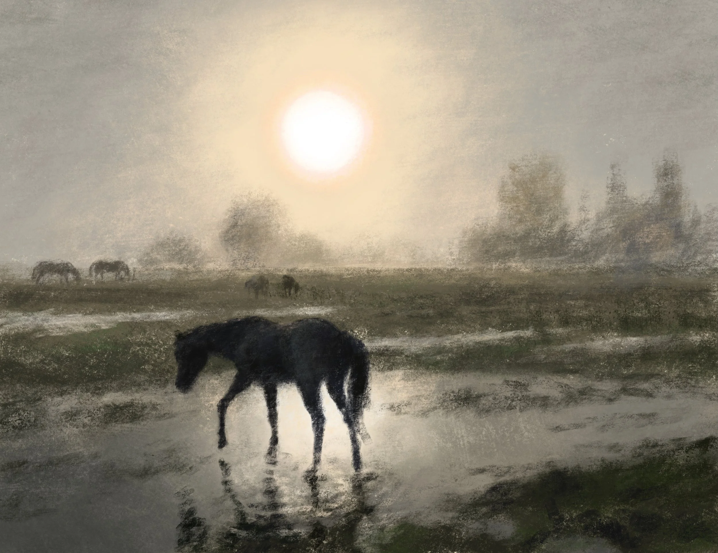 Ponies in the Flood Irrigation - 2021,
digital painting