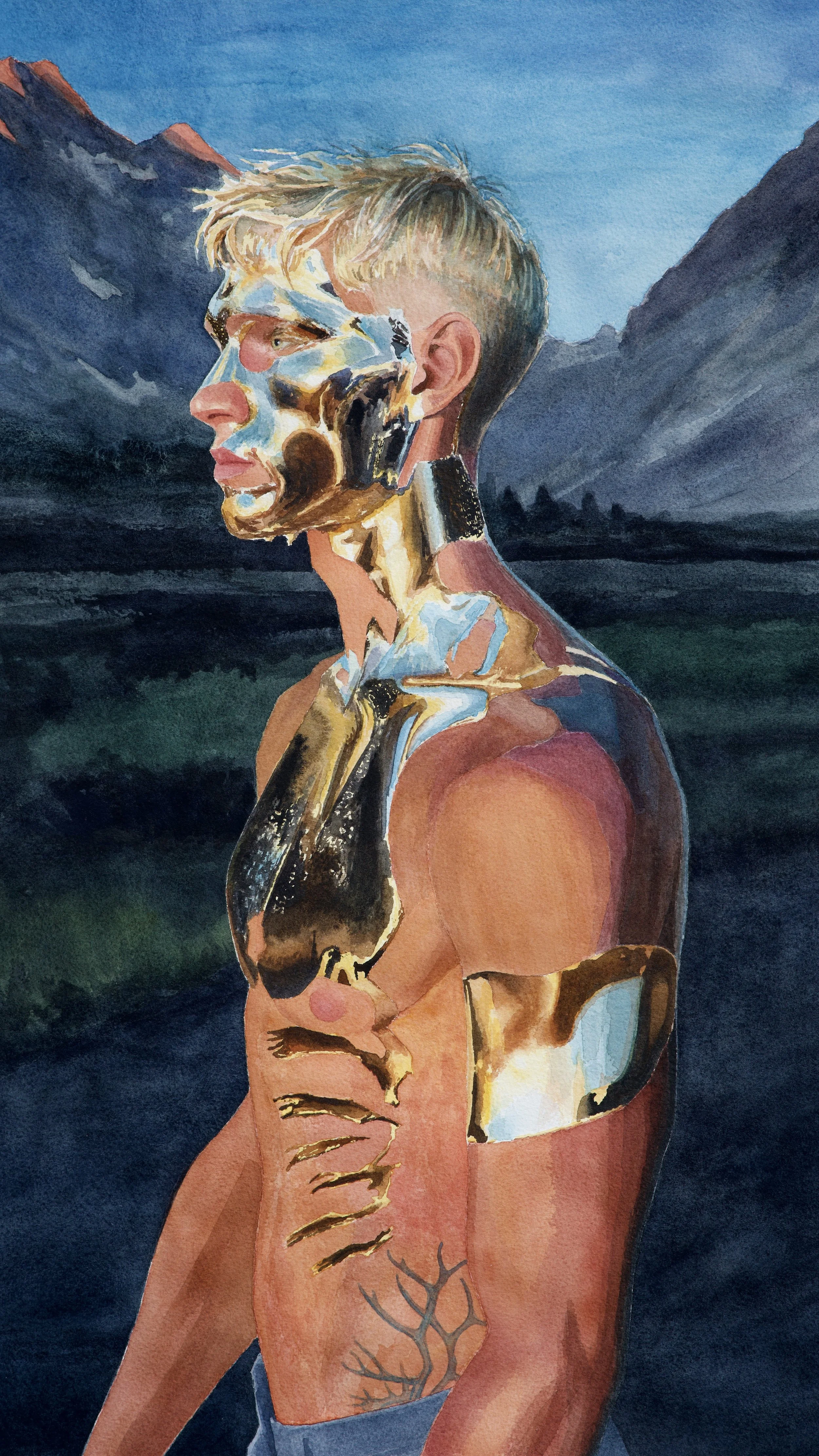 Gold Face - 2024,
13.5x24 inches,
watercolor