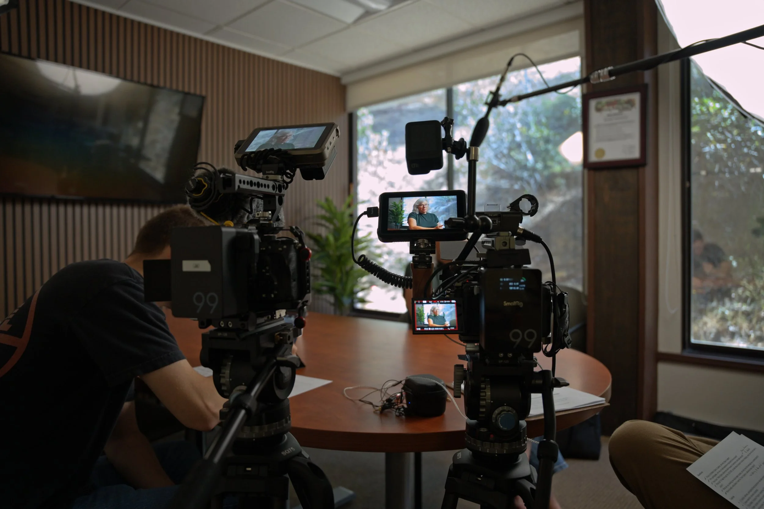 Filming setup with cameras on tripods capturing a woman being recorded in an indoor space with large windows, a wood-paneled wall, and natural light.