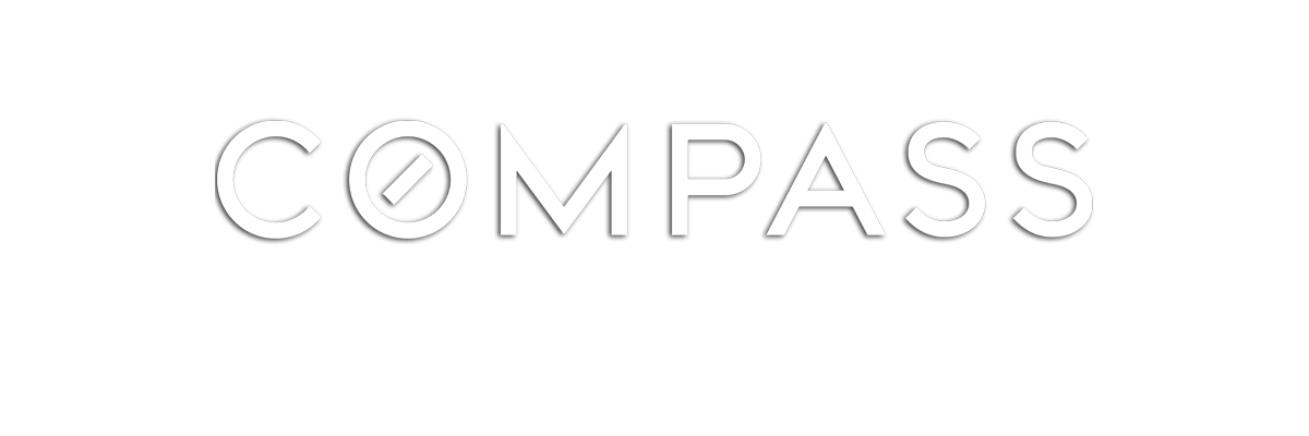 The logo of the company 'Compass' in white text on a black background, with the letter 'O' stylized as a compass needle.