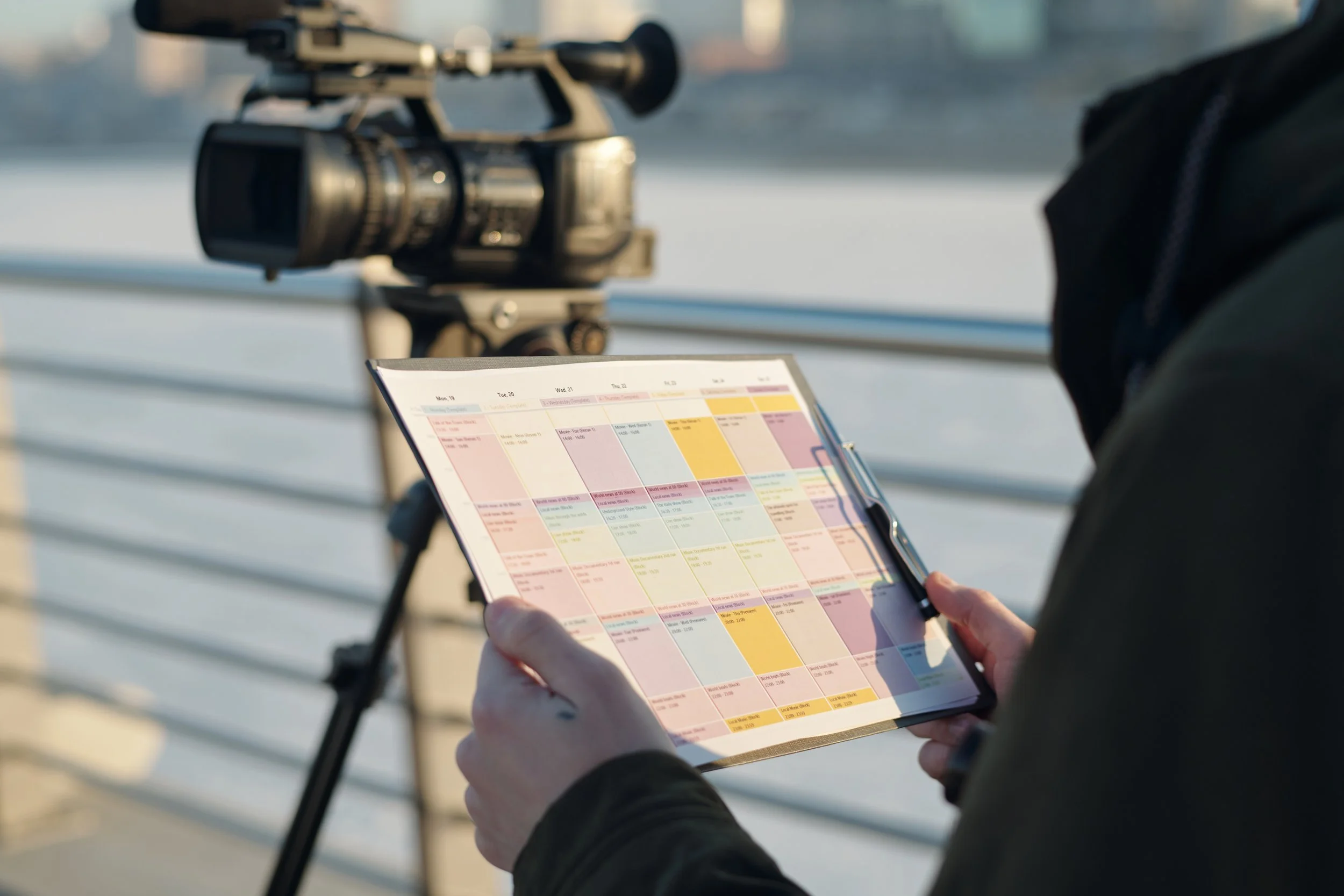 Person reviewing a colorful weekly planner or calendar on a clipboard with a camera set up on a tripod nearby, outdoors on a balcony or rooftop.