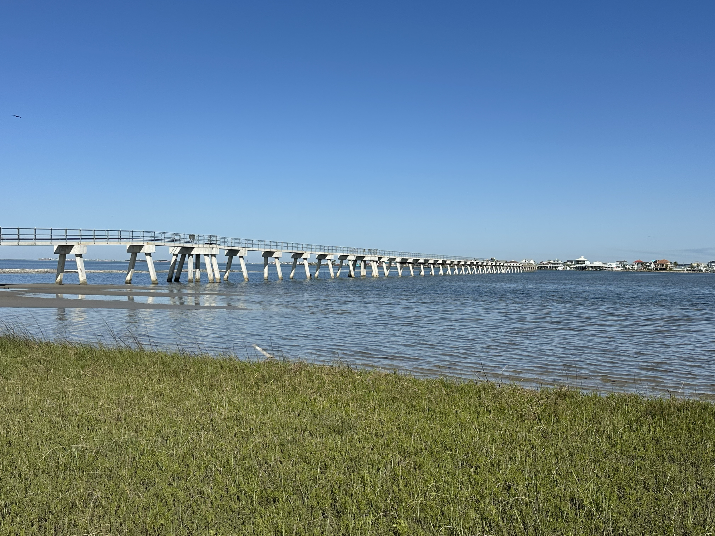 A long pier extending over water with a grassy shoreline in foreground, blue sky, and buildings in the distance.