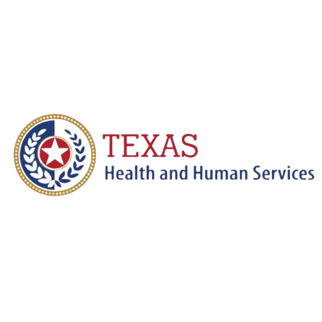 Logo for Texas Health and Human Services featuring a circular emblem with a red star, a blue laurel wreath, and illuminated border next to the text 'TEXAS' in red and 'Health and Human Services' in blue.