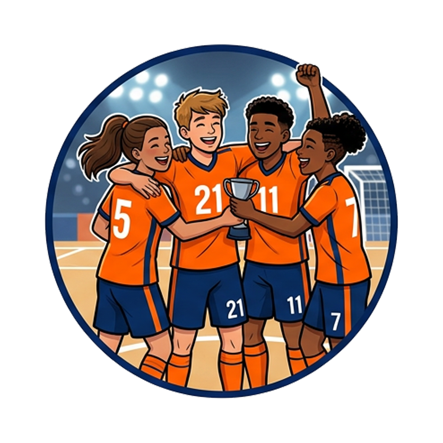 Icon of three futsal players standing together beneath a soccer crest, representing the BEARS Futsal value of "Compete Together" -- building unity, teamwork, and pride on and off the court.