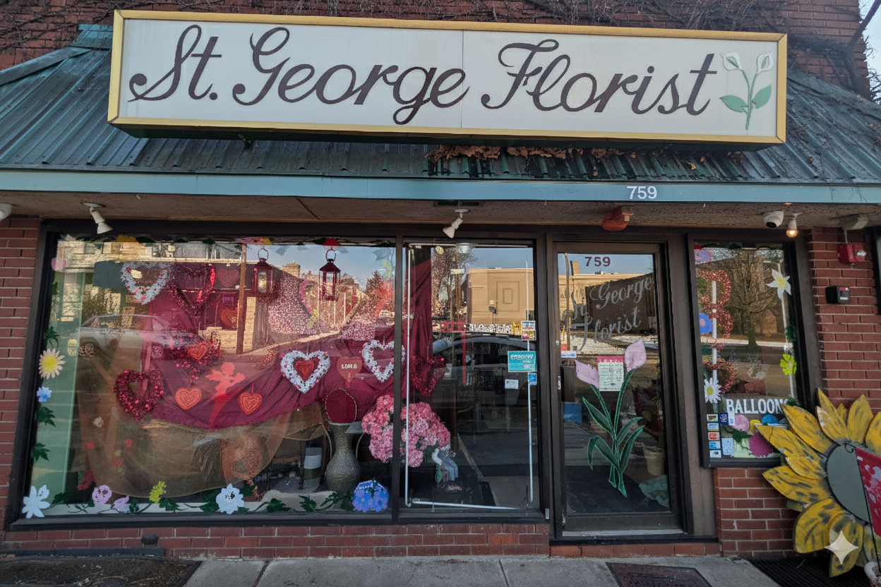 storefront of St. George Florist with floral decorations on the window, including hearts, flowers, and a large sunflower with a ladybug on it outside.