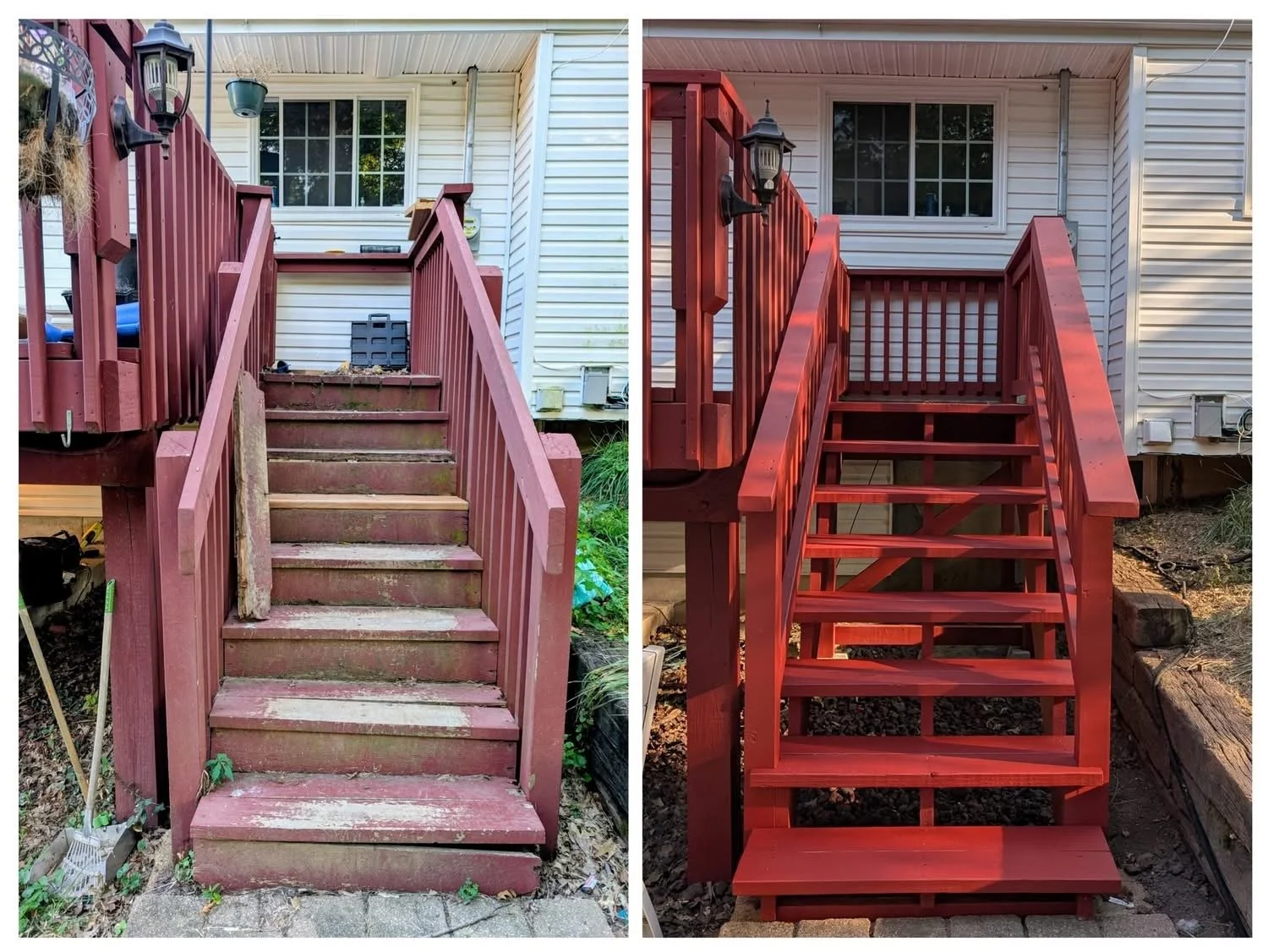 Comparison of a weathered, old red wooden staircase on the left with a freshly painted, new red wooden staircase on the right, outside a house.