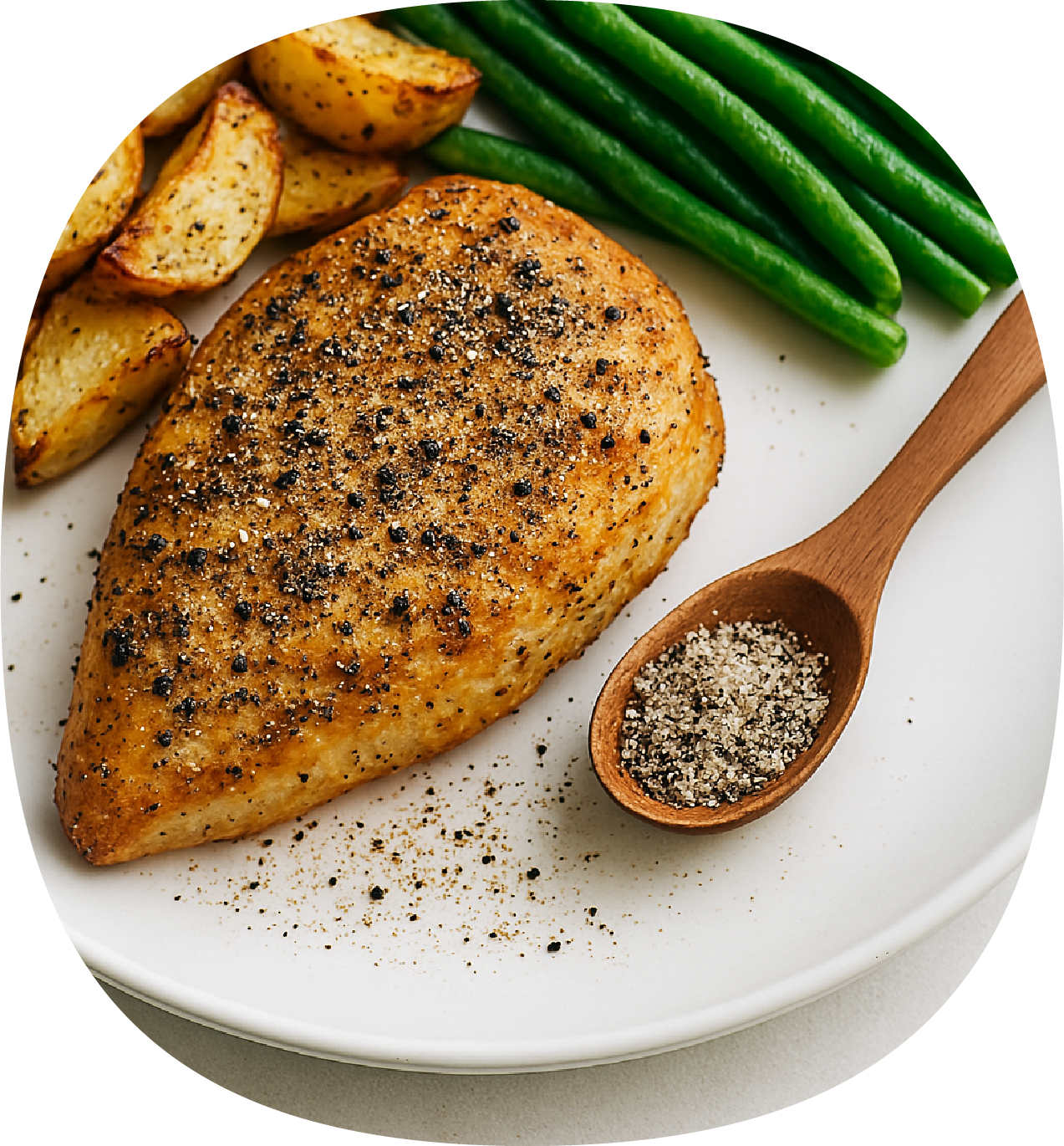 Filé de frango grelhado com pimenta do reino, acompanhado de batatas assadas, vagens verdes e um recipiente de sal grosso em uma colher de madeira