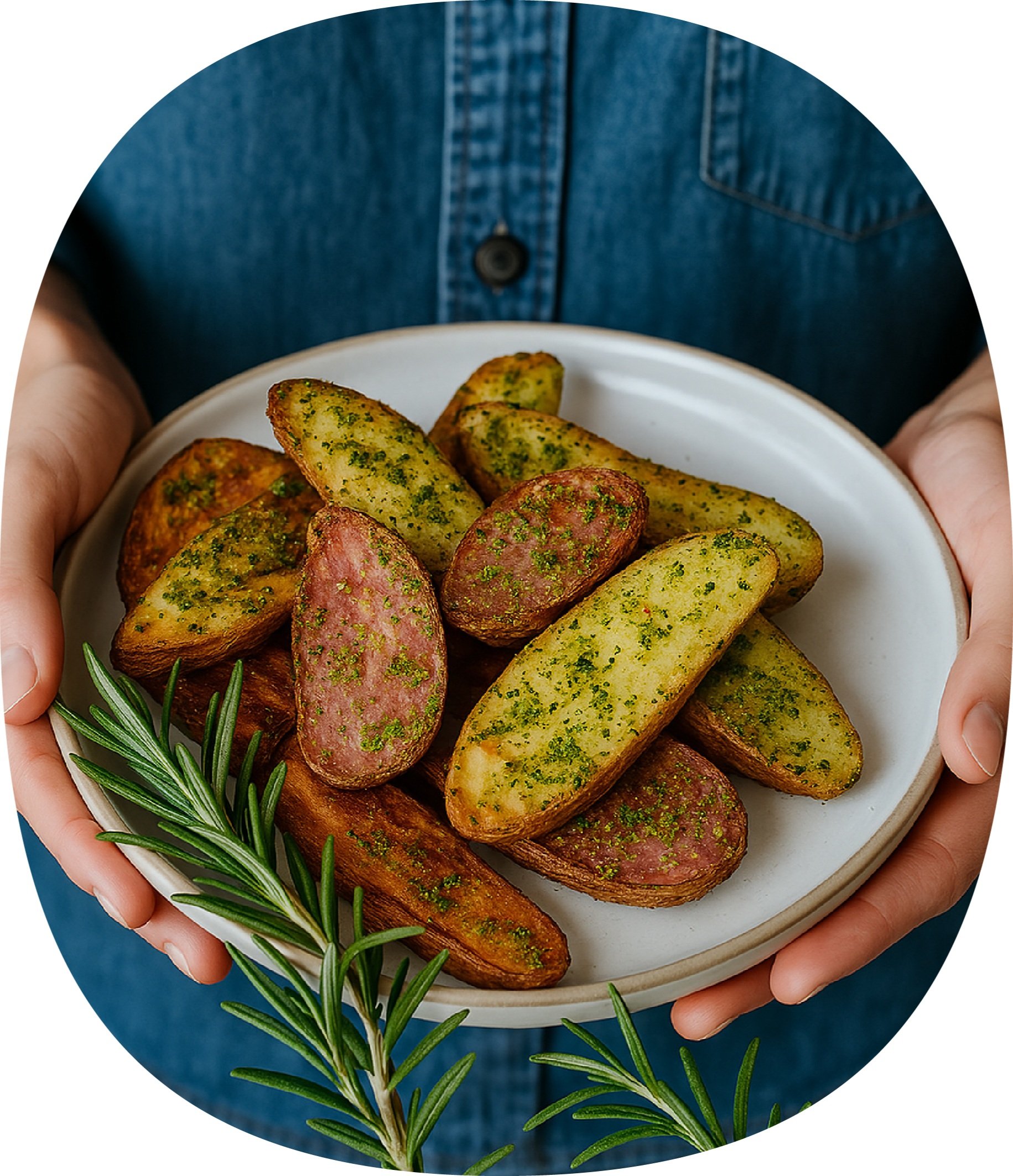 Pessoa segurando um prato com batatas assadas com salsa, decorado com um ramo de alecrim.