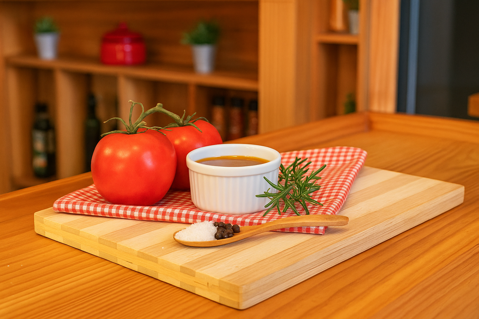 Tomates vermelhos, uma xícara de caldo, uma folha de alecrim, sal, pimenta e uma colher de pau sobre uma tábua de madeira com uma toalha de tecido xadrez vermelha e branca.