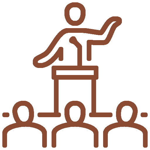 En illustration av en person som står på en talarstol och pratar till en publik.