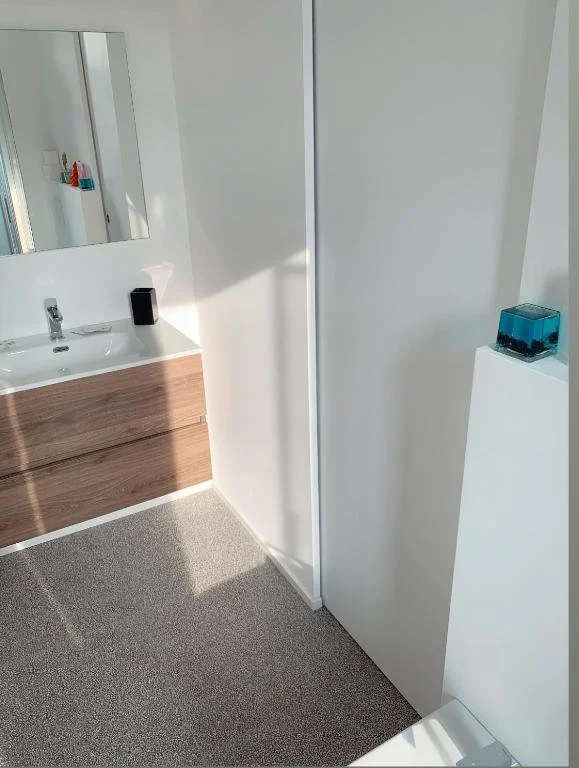 Particolare di un bagno moderno con lavabo in legno e lavabo con specchio sopra, e una porta bianca chiusa. Tasche di luce naturale illuminano la stanza.