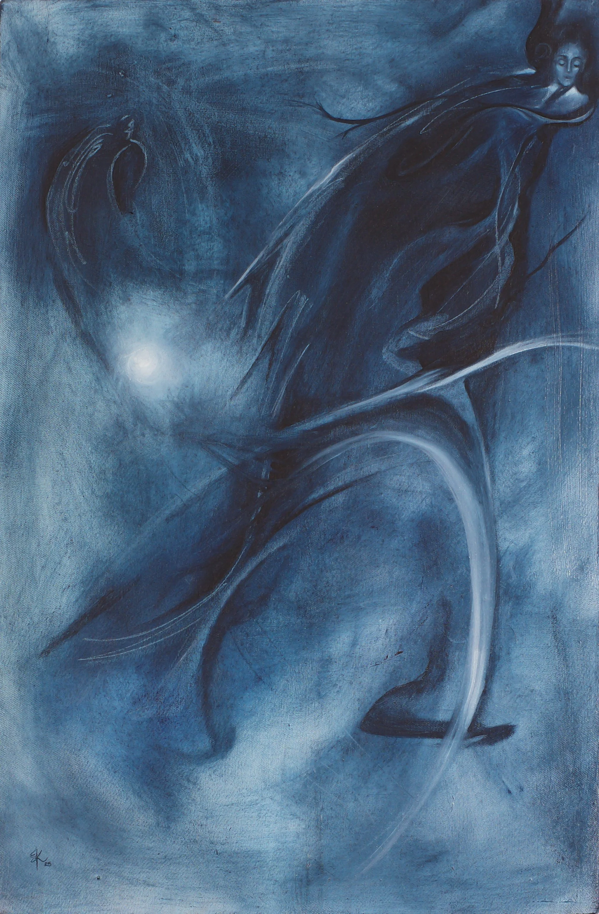 La mujer pájaro sueña con volar, 2025. Oil on canvas - 60.5 x 40 cm