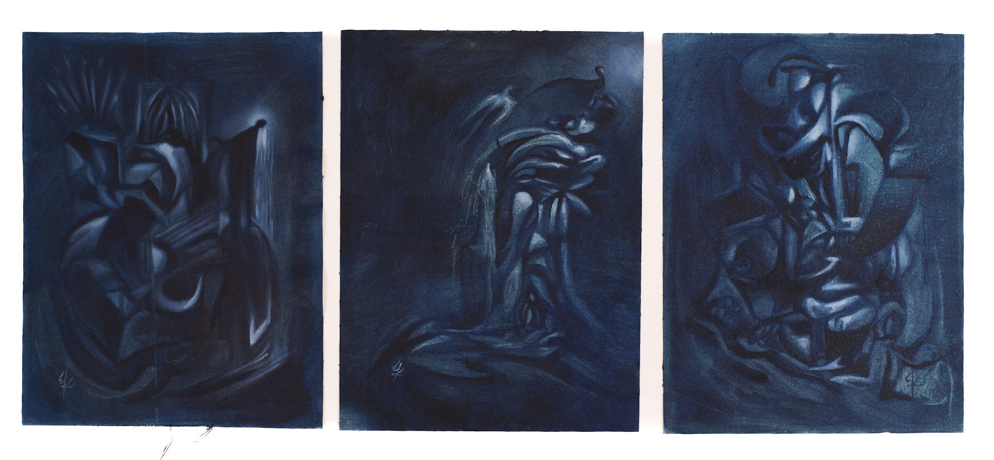 Escape, Retiro melancólico y Anatomía azul, 2025. Oil on canvas - 30 x 22 cm