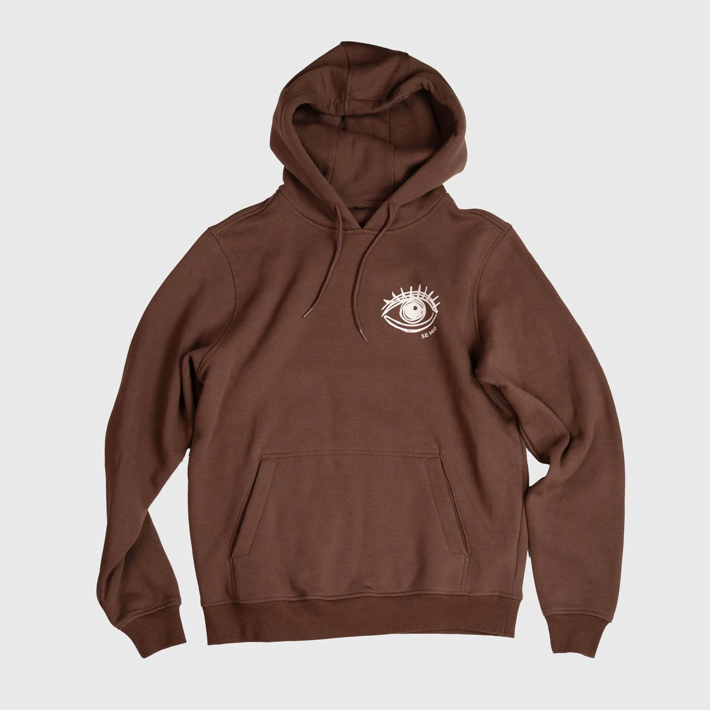 Brun hoodie framifrån med ögonlogga och känguruficka