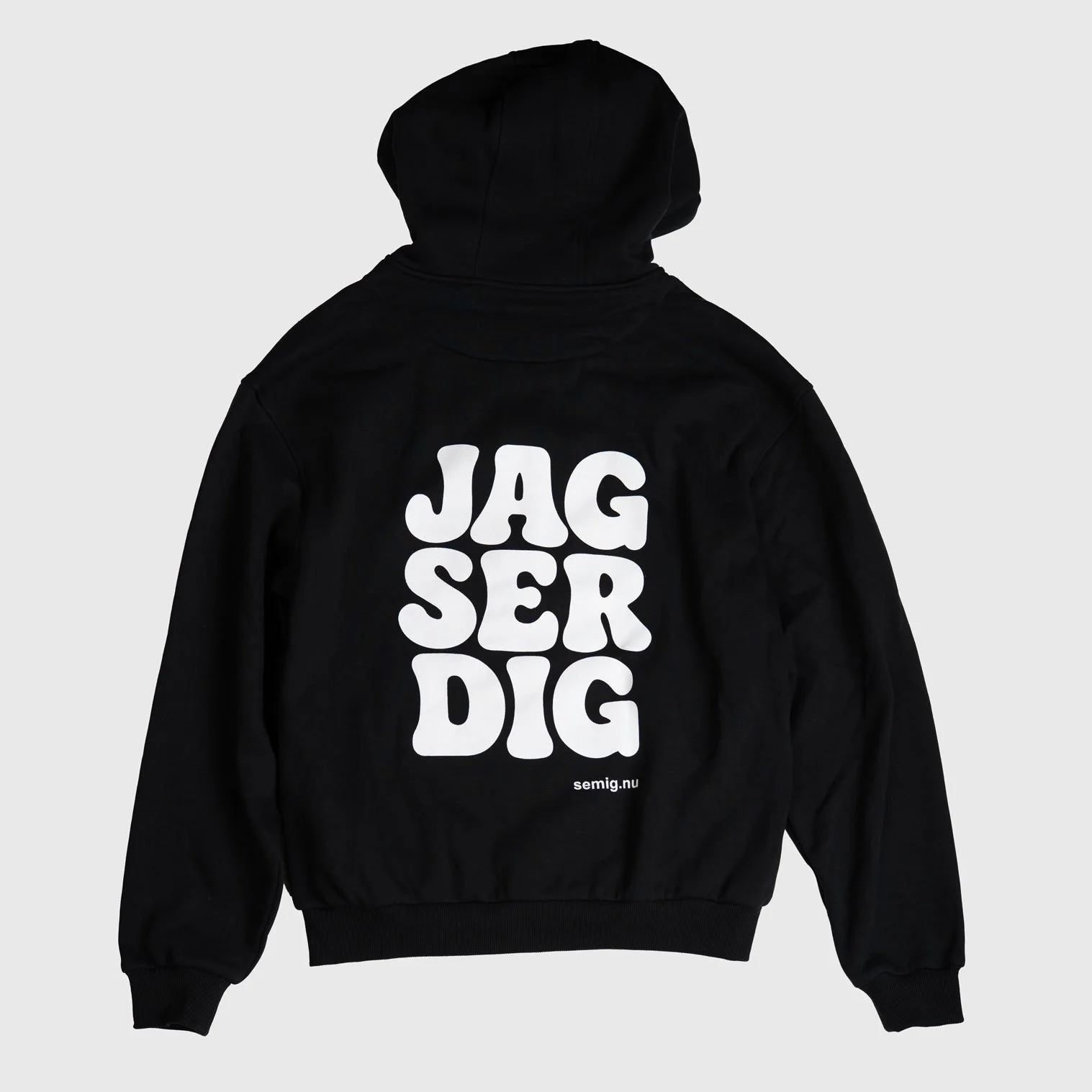 Svart zip-hoodie bakifrån med tryck ”Jag ser dig”
