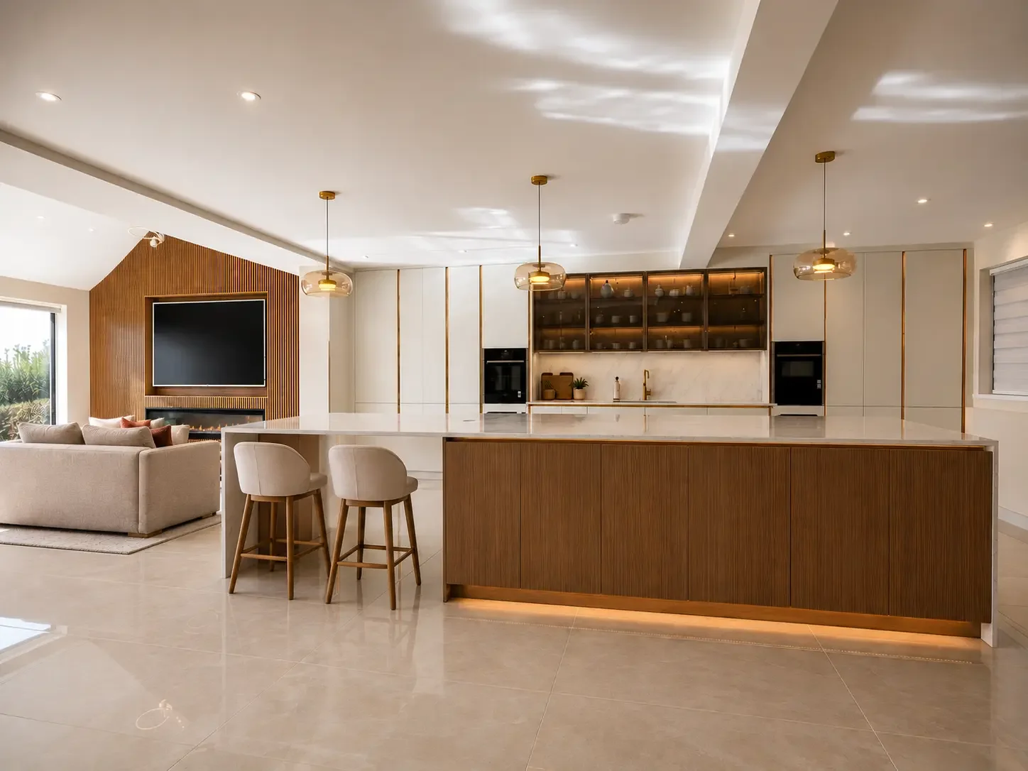 A Striking White and Oak Kitchen with Refined Bronze Details