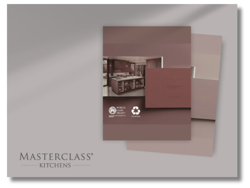 Brochure or catalog for MasterClass Kitchens featuring images of kitchen designs and logos of World Land Trust and recycling symbol.