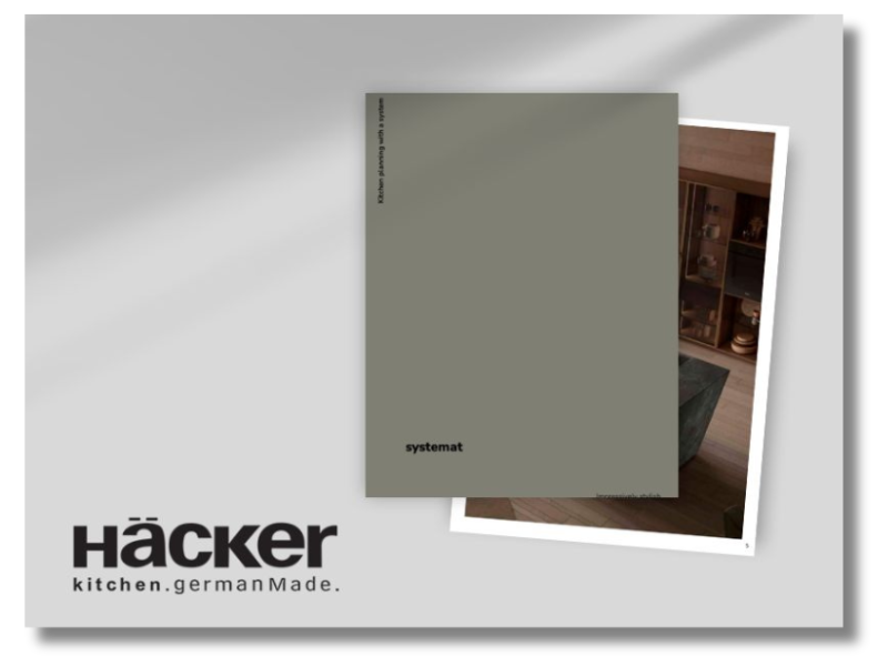 A HACKER kitchen brochure and a photo of a modern kitchen interior on a light gray background.