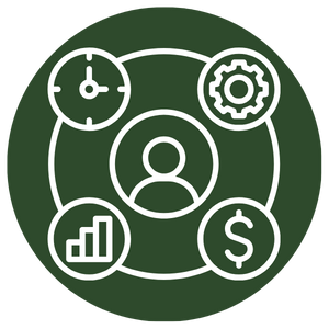 Icon representing time management, settings, growth, and finance surrounding a person symbol.