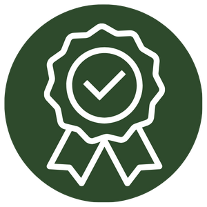 Icon of a badge with a checkmark, indicating certification or award.