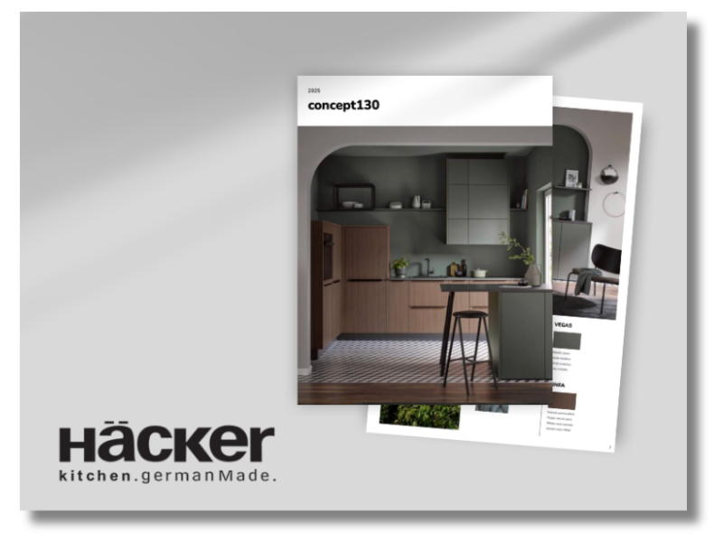 Design catalog cover for hacker kitchen, featuring a modern kitchen interior with wooden cabinets and a small island, on a light gray background.