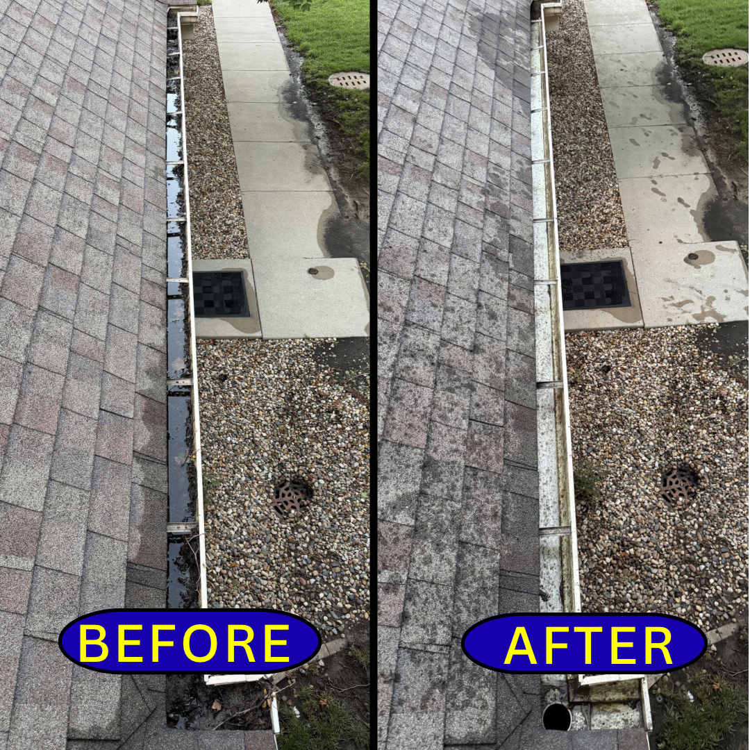 unclogged gutter cleaning before and after images