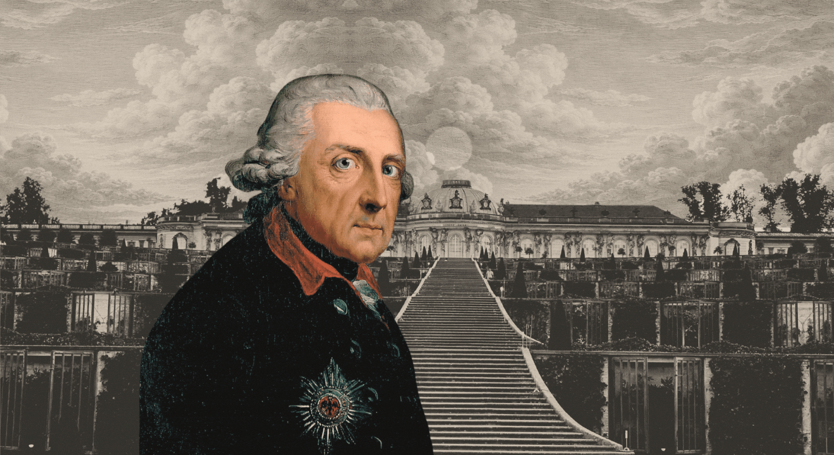 A historical painting of Frederick the Great in 18th-century attire in front of Sanssouci's grand staircase with a cloudy sky in the background.