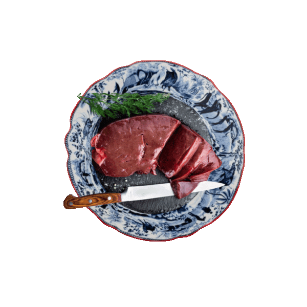 Raw beef liver on a blue and white patterned plate, garnished with a sprig of fresh herbs and a small knife.