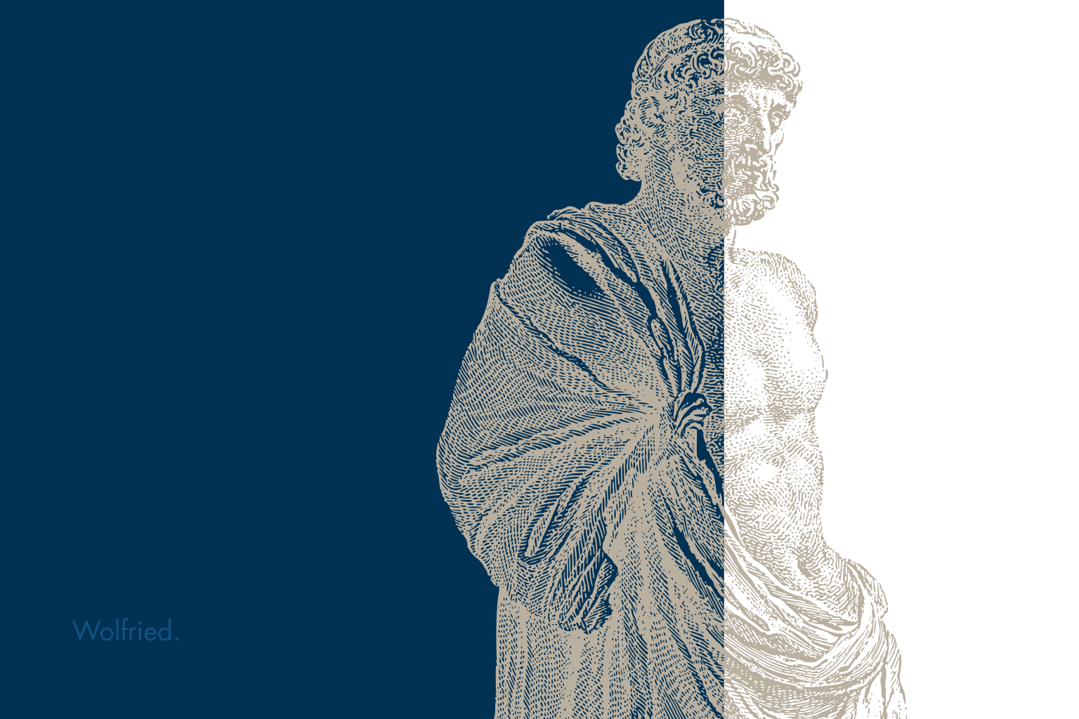 Illustration of a classical bust of a man, rendered in a dotted, sketch style, with a background that is half dark blue and half black. The name "Wolfried" is written in small text in the bottom left corner.