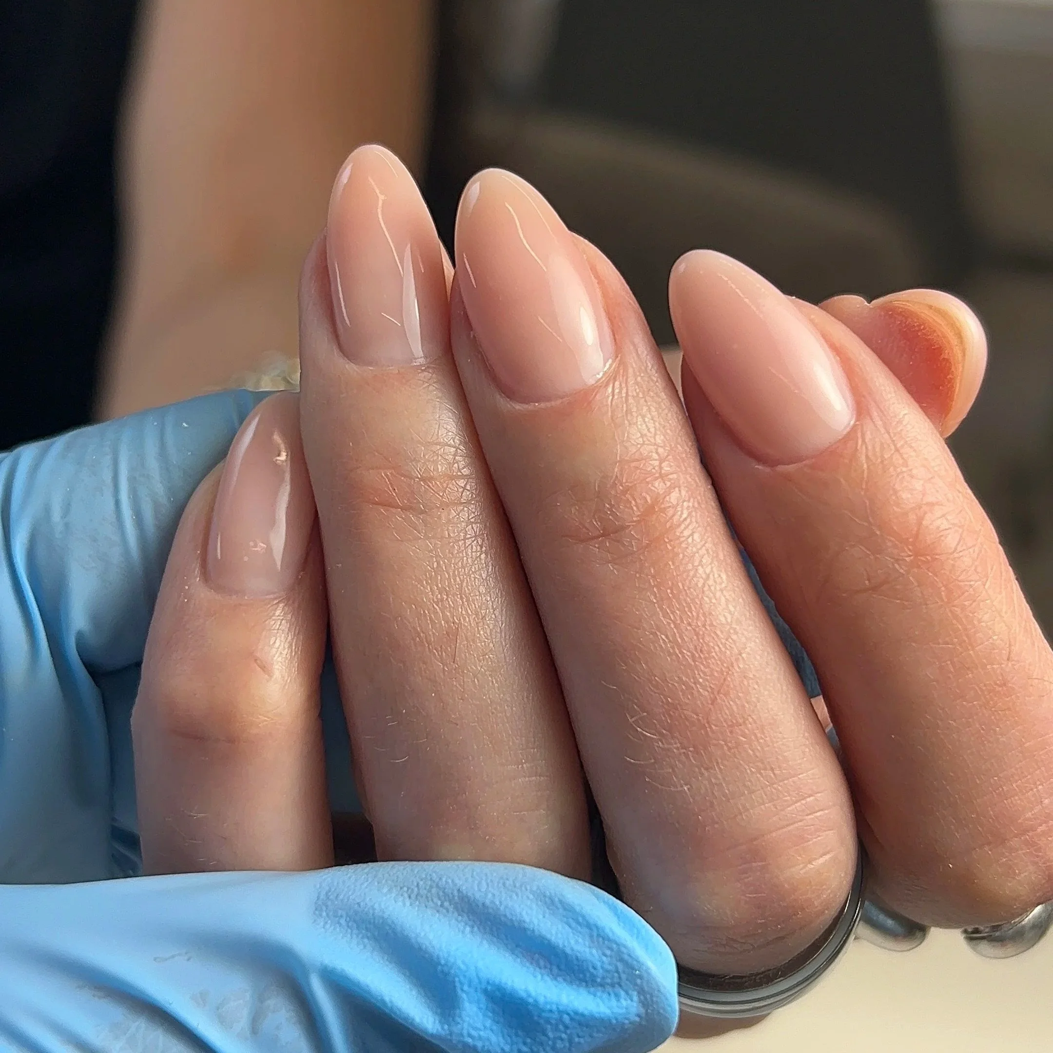 Almond nails with nude hard gel & Russian manicure