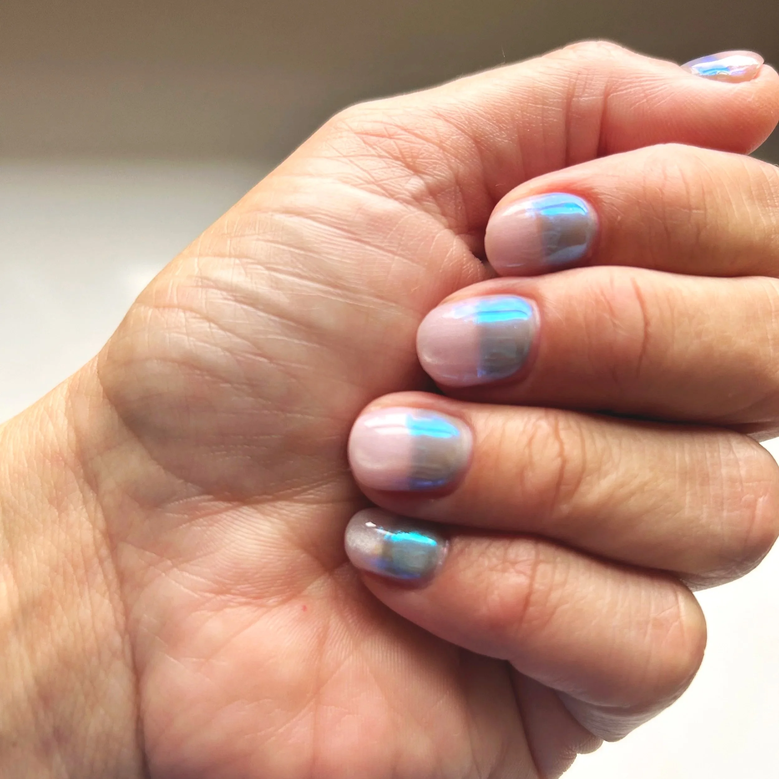 Two toned Hard gel manicure with Cat eye gel polish in Long Beach, Ca.