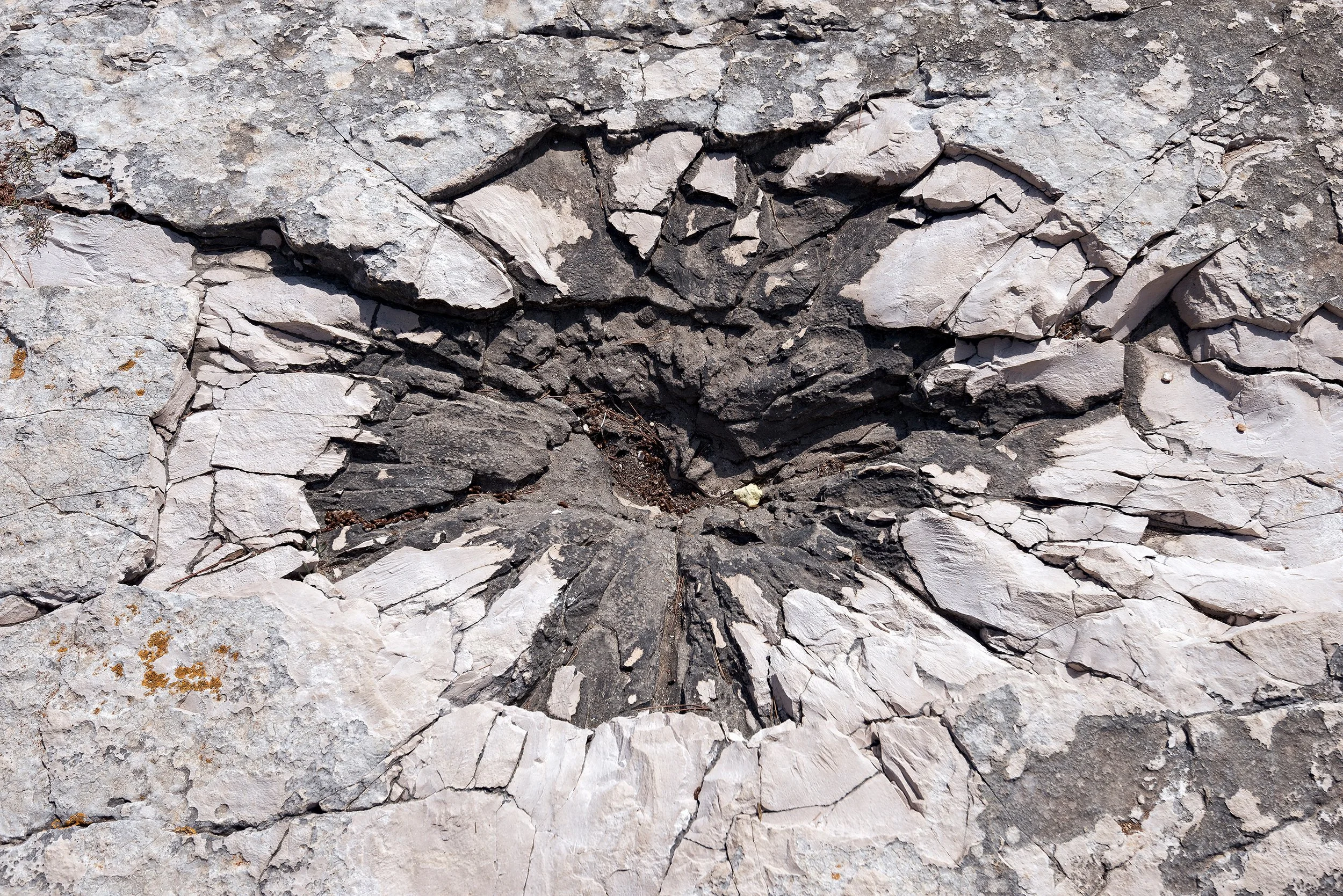 Peter Nemeth photographer. Close-up view of a cracked and fragmented rock surface with various fissures and texture.