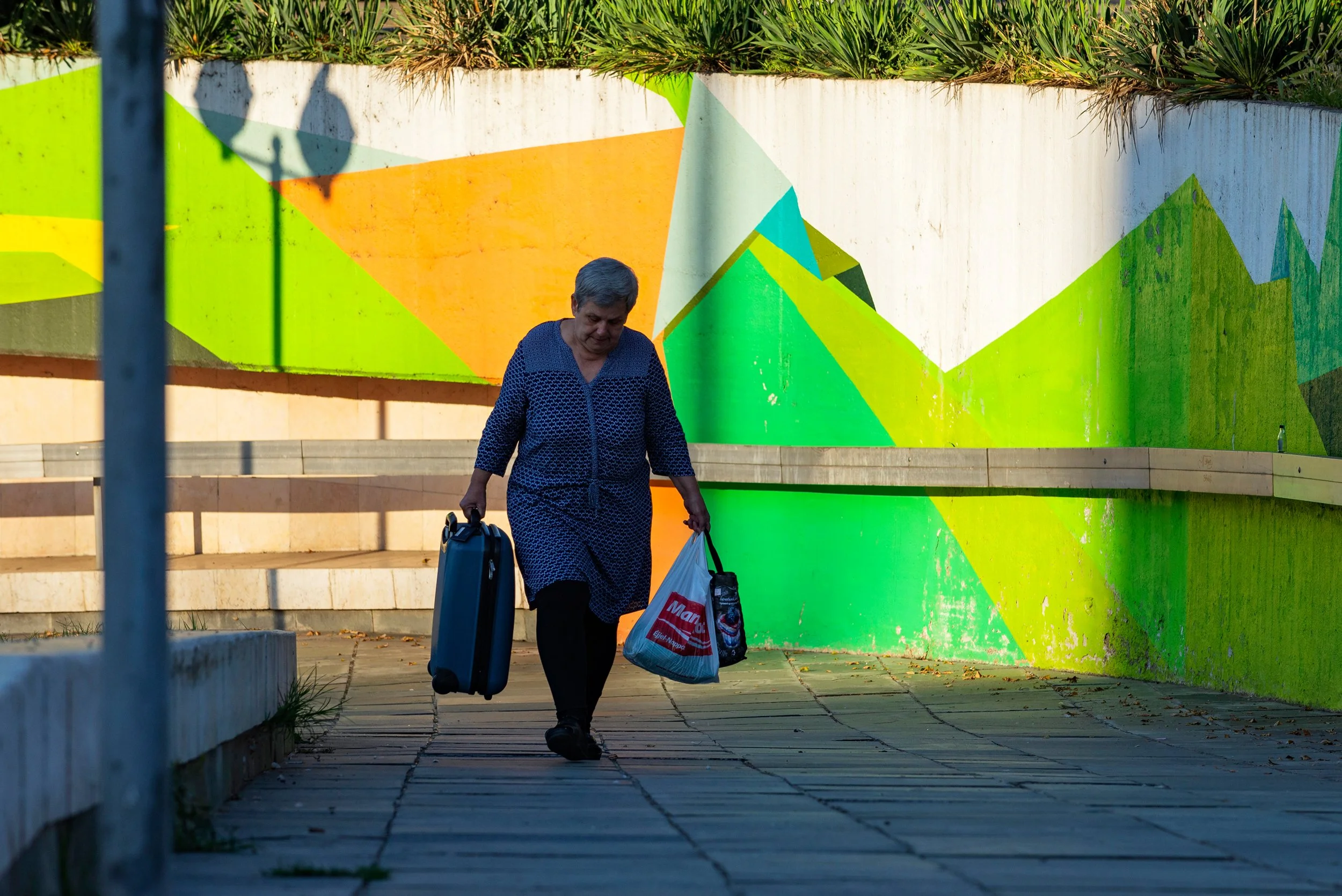 An elderly woman walking with a rolling suitcase and shopping bag along a paved sidewalk near a colorful geometric mural and greenery.