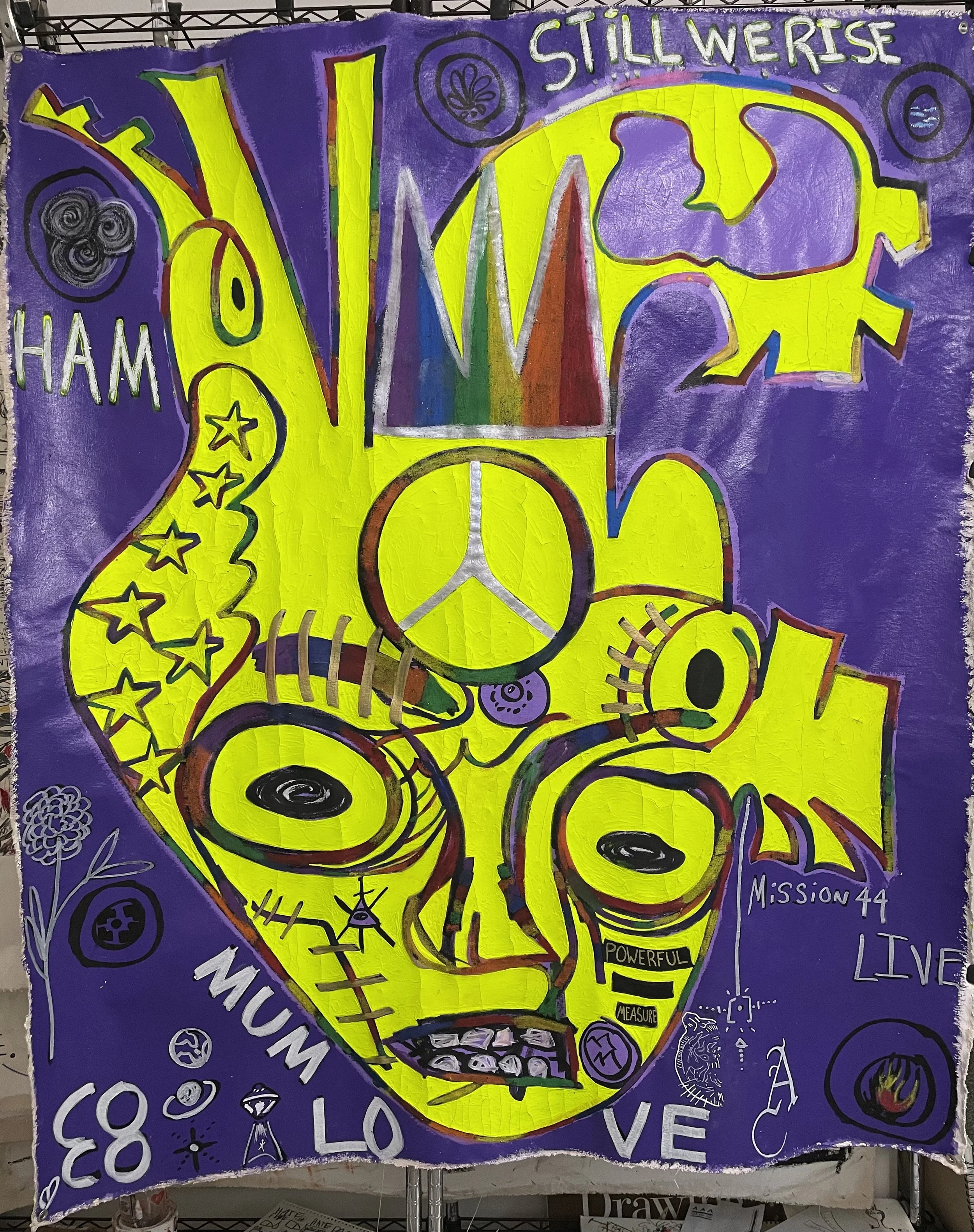Zane Winn Guivetchi (Unfinished Buisness) 7' x 6' - Acrylic Paint, Marker, & Charcoal Pencil Mixed Media- 2024