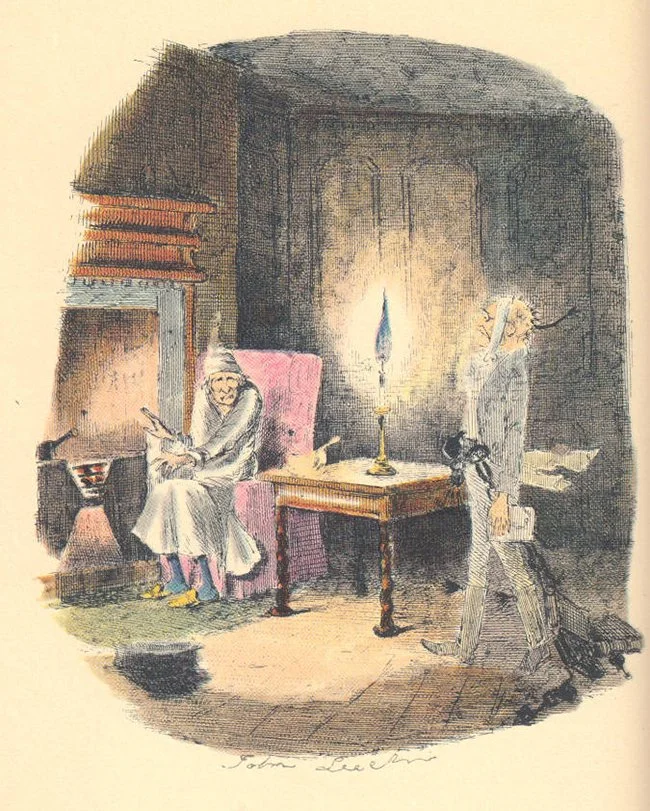 Illustration by John Leech of Ebenezer Scrooge and Marley's Ghost in A Christmas Carol (1843)