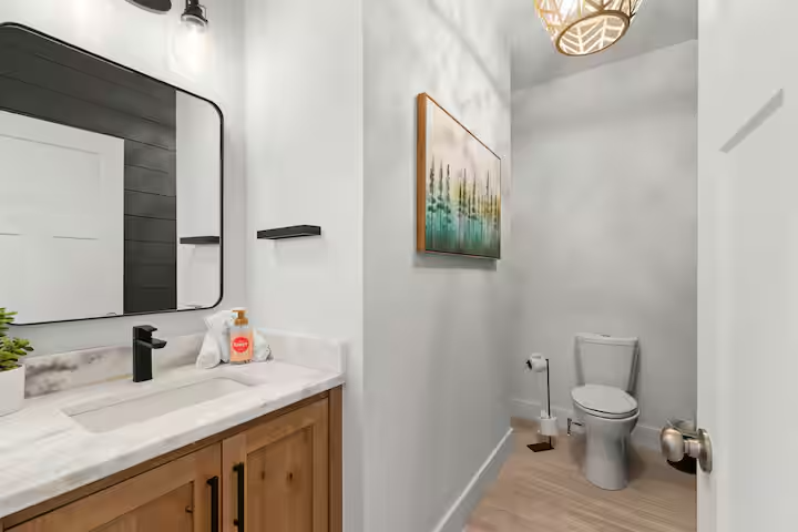 A modern bathroom with a white vanity, marbled countertop, black faucet, and a rectangular mirror. There are two small black shelves above the sink, a potted plant on the vanity, and a bottle of hand soap. On the wall, there is a framed abstract pain