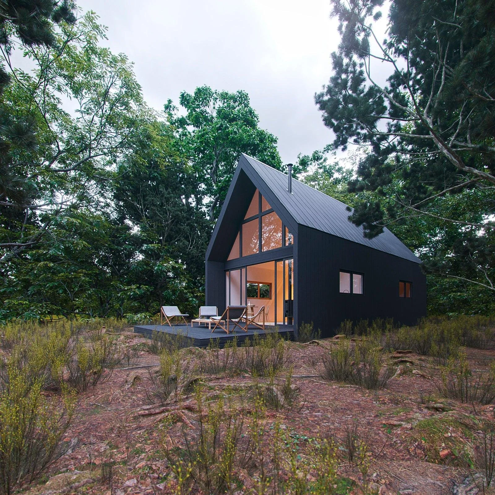 A modern black A-frame house with large glass windows and a small wooden deck, surrounded by trees and natural landscape.