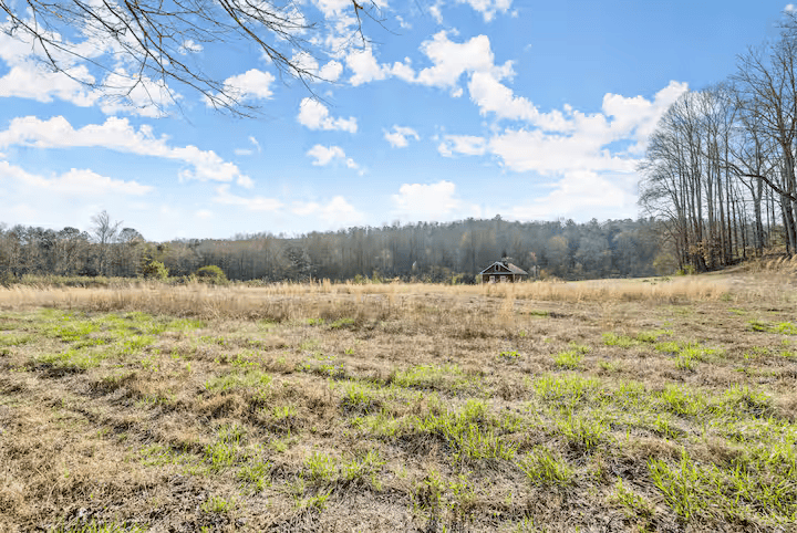 Open field with sparse grass, surrounded by trees under a partly cloudy sky.