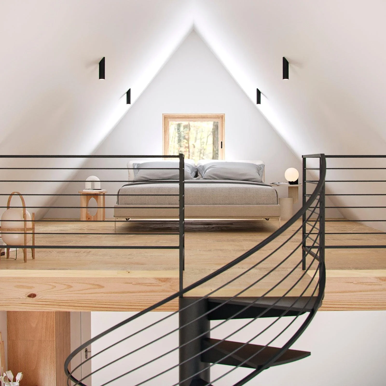 A minimalist bedroom with a bed, small nightstands, and modern decor in an attic space with sloped ceiling and wooden accents.