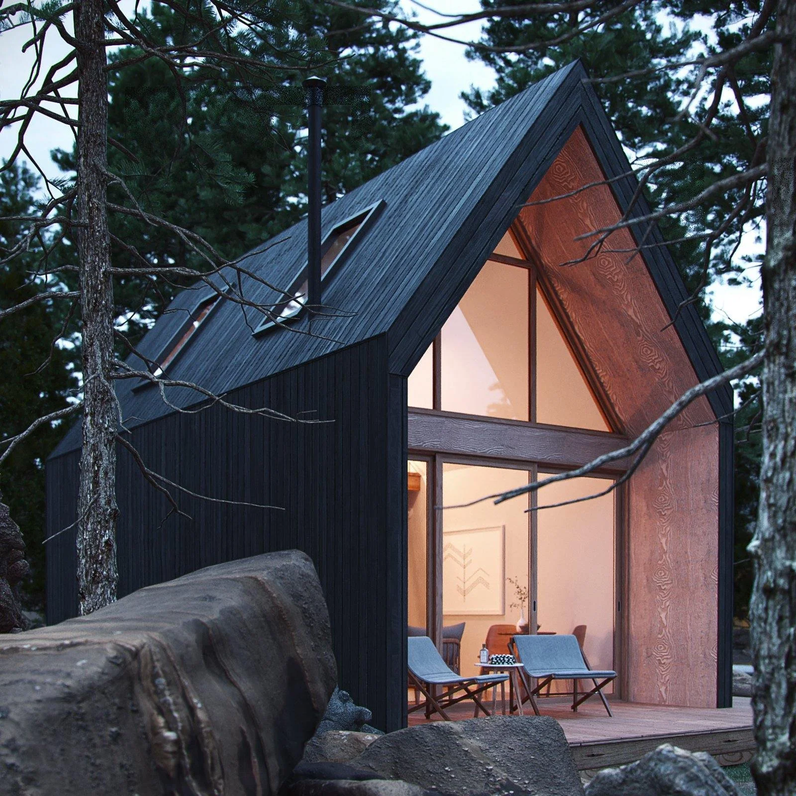 A modern tiny house with black siding, large triangular window, and wooden interior visible through glass doors, surrounded by trees and rocks.