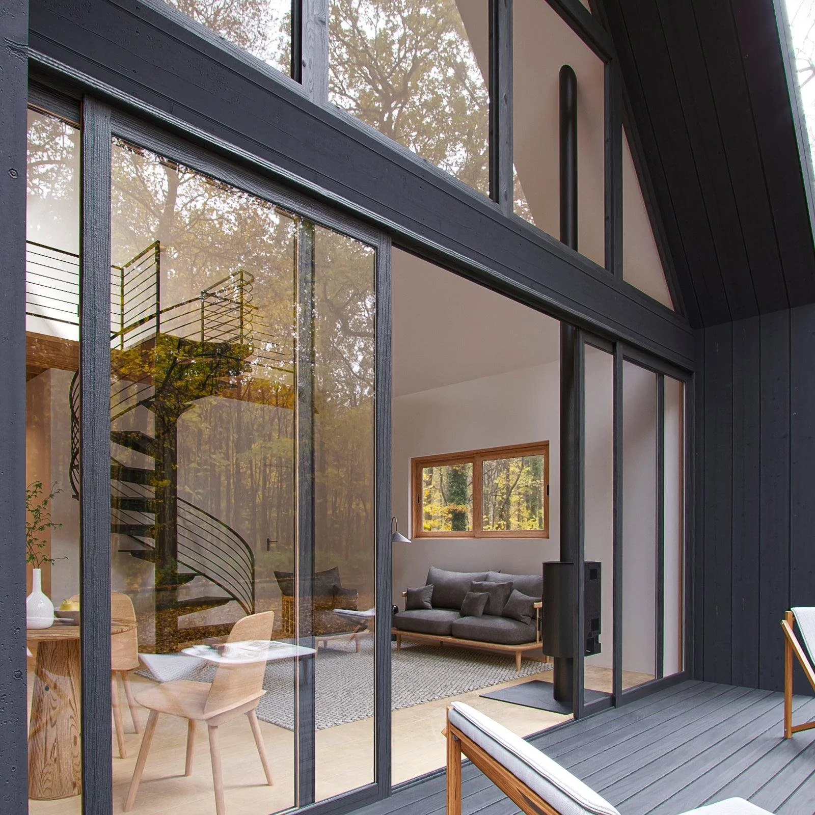 A modern house with large glass windows showing a living room with a gray sofa, wooden framed window, staircase, and natural surroundings outside.