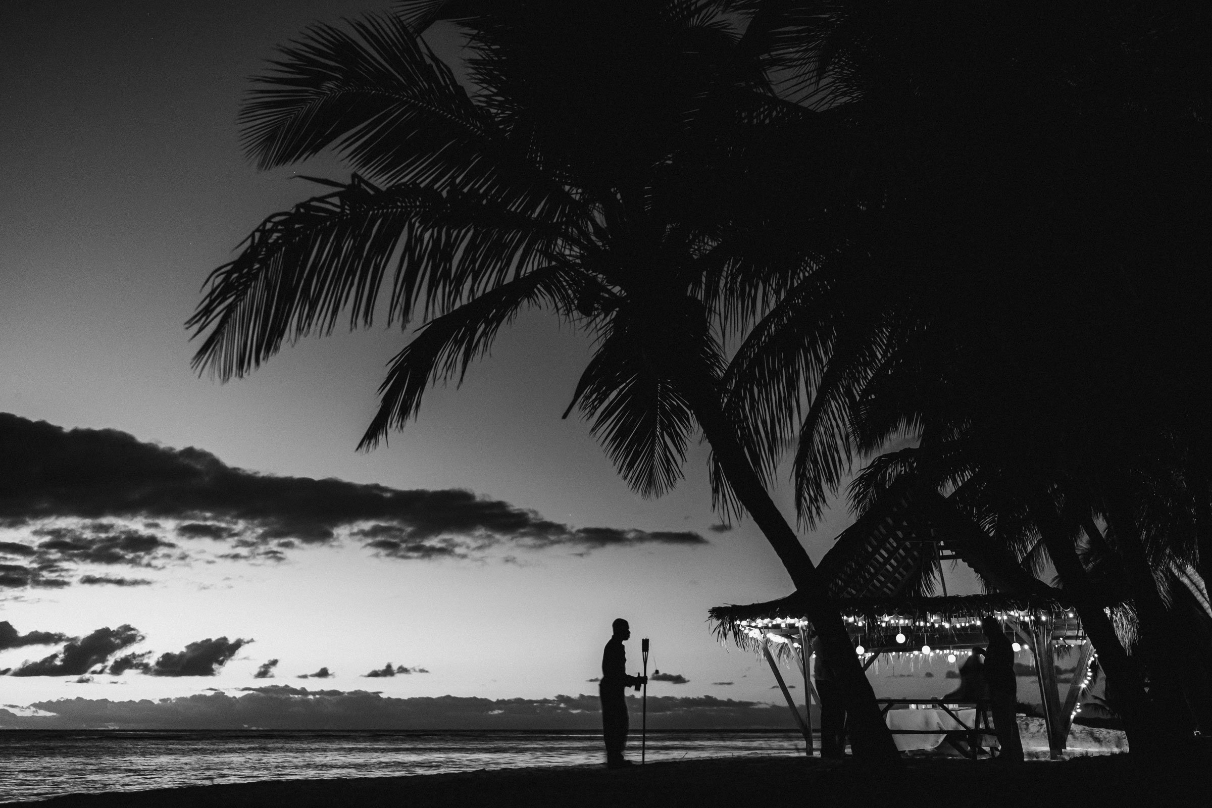 Silhouette of palm trees and people on a beach at sunset or dusk, with a canopy and string lights near the water.