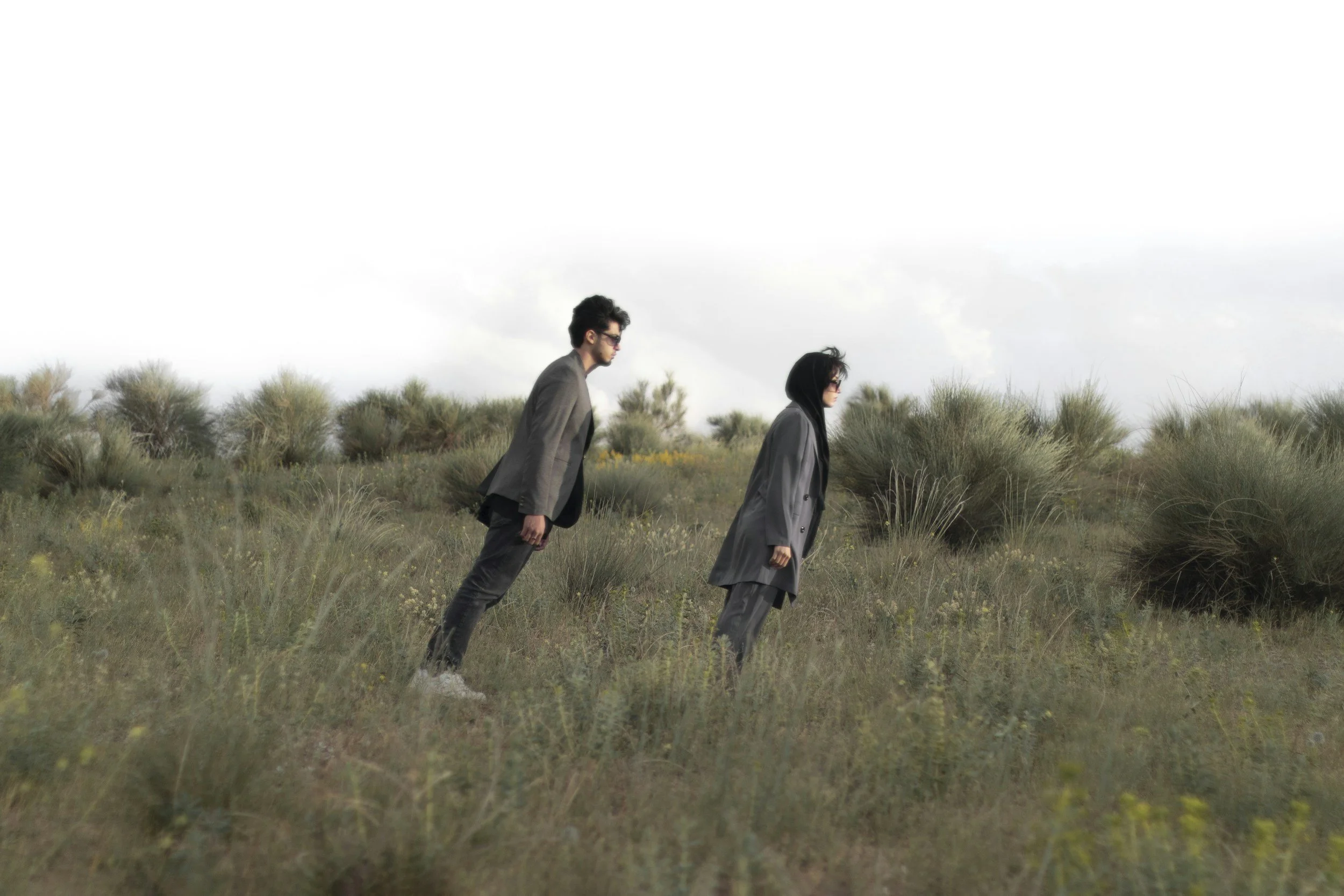 Two people in business suits standing in a grassy field with bushes, one man and one woman, facing forward and looking out as if they are observing something.