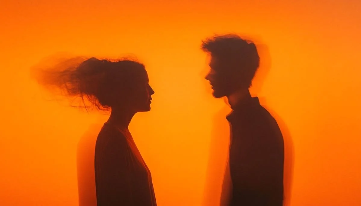 Silhouettes of a woman and a man facing each other against an orange background, with the woman's hair and the man's hair appearing to move.
