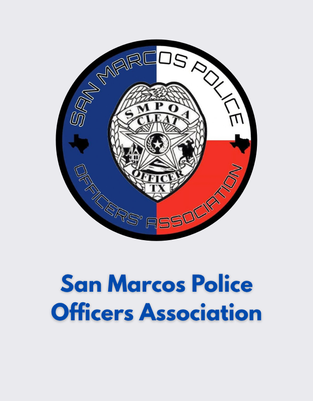 Logo of the San Marcos Police Officers Association, featuring a police badge with an eagle, Shield, and Texas state emblem, divided into blue, white, and red sections with text encircling the badge.
