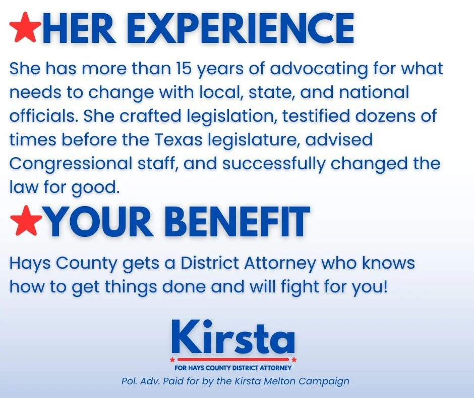 Come on our to Meridian Buda on Saturday, March 14 starting at 9am to sign the petition to have Kirsta's name added to the November ballot and enjoy a free coffee!